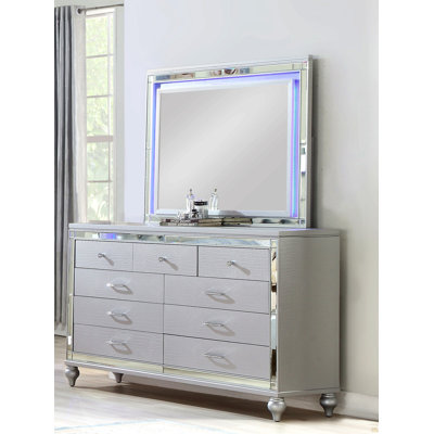 Sterling Mirror Framed 6-Drawer Dresser Made With Wood in Silver Color (INCLUDES ONLY DRESSER)