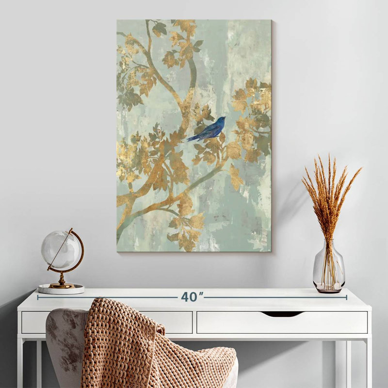 Oiseau bleu perché Brampt, H 30 po x l 20 po