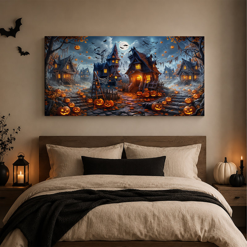 Toile hantée avec fenêtres et citrouilles d'Halloween, L 32 po x H 16 po