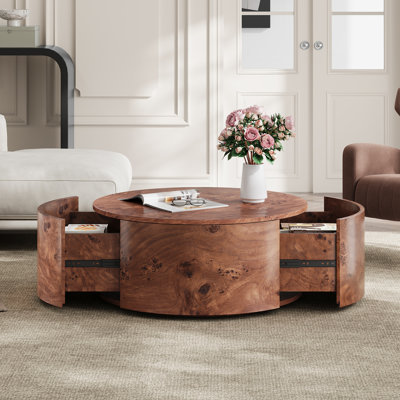 Table basse rotative en bois Burl avec 2 tiroirs, plateau tournant à 360 °