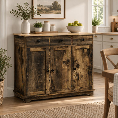 Meuble de rangement de cuisine de style classique avec étagères réglables, 3 tiroirs, 3 portes et dessus en bois, idéal pour la salle à manger.