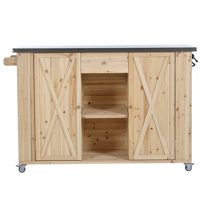 Outdoor Solid Wood Rolling Bar Cart, Storage Cabinet Kitchen Island, Natural