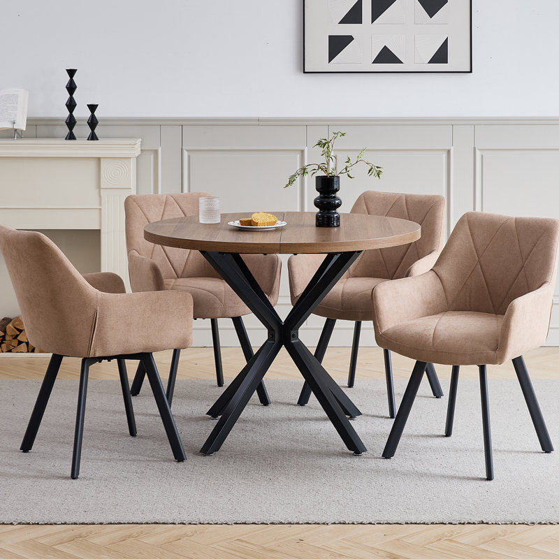 Nordic Style Swivel Dining Chairs With Arms, Fabric Upholstered Accent Chairs,Metal Legs, 360° Swivel Kitchen Chairs , Khaki