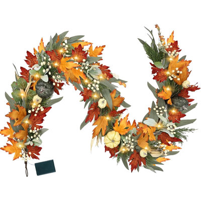 Guirlande réaliste d'automne avec feuilles d'érable, citrouilles et lumières, décoration de récolte d'automne pour manteau de cheminée, table, porte d'entrée, porche, décoration intérieure de l'Action de grâce intérieure