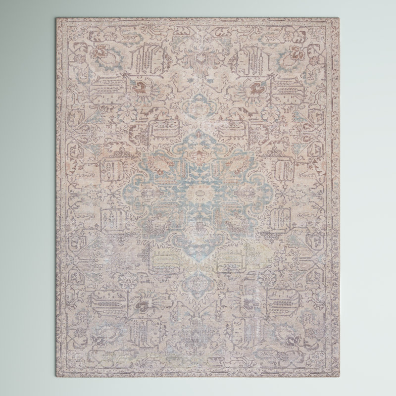 Tapis oriental bleu clair lavable à la machine Elodie, Rectangle 6 pi x 9 pi