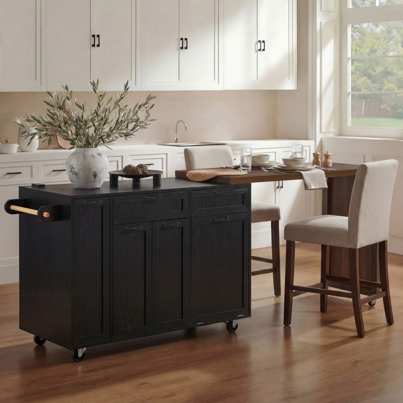 102.3" Kitchen Island With Extendable Dining Table, Walnut/Black