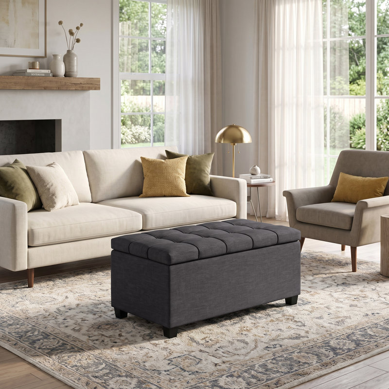 Banc repose-pieds rectangulaire avec rangement capitonné en tissu d'apparence lin 33 po Sienna, Gris ardoise