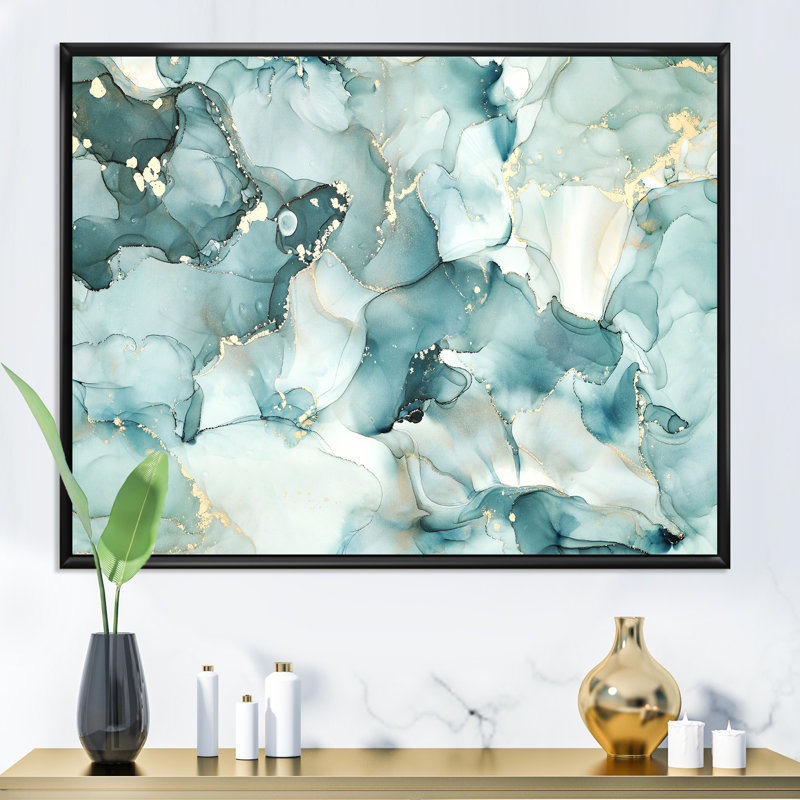 «Blue Luxury Abstract Fluid Art I», reproduction d'art sur toile moderne, H 12 po x l 20 po x P 1 po, Cadre flottant noir