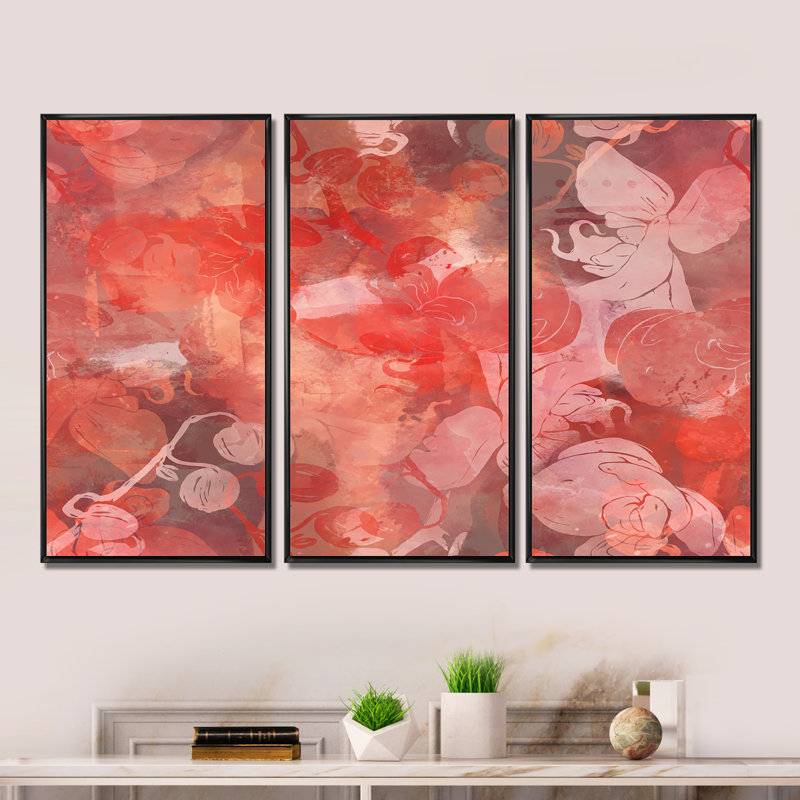«Red Orchids Impression», ensemble d'art mural moderne sur toile encadrée, Noir, H 28 po x l 36 po x P 1 po