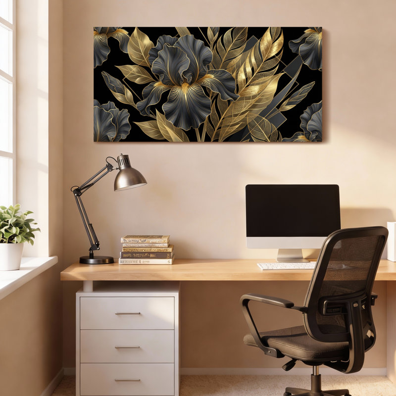 Ensemble de 1 tableau mural en toile tendue représentant un iris floral noir et or, H 24 po x l 48 po