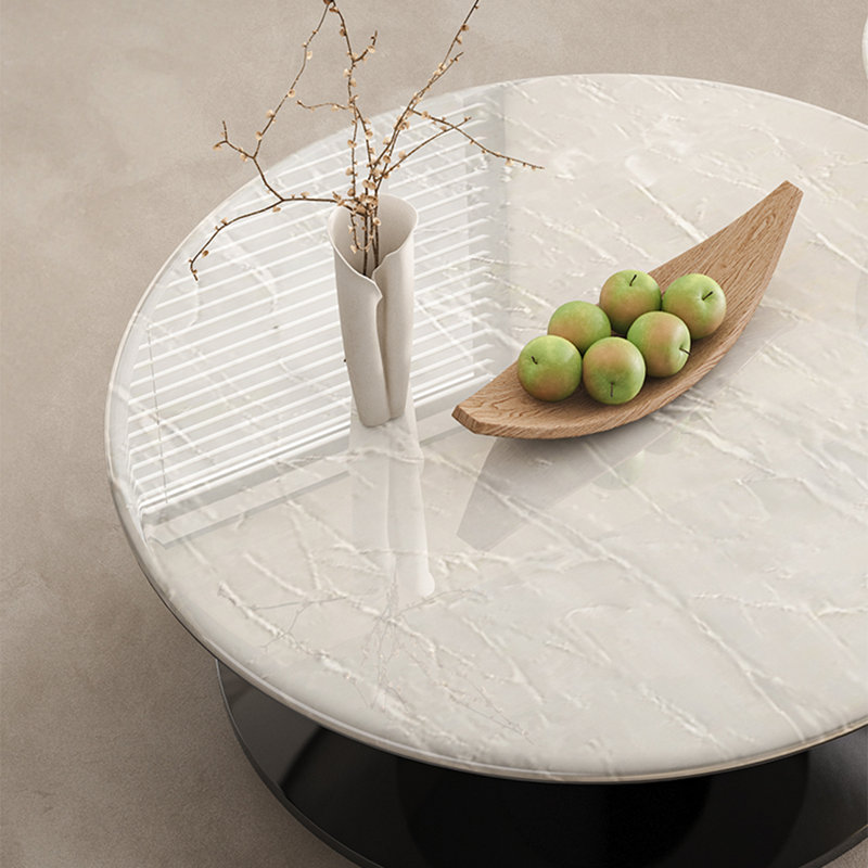 Table basse ronde en marbre avec soucoupe volante, H 15 po x L 35,4 po x l 35,4 po, Blanc