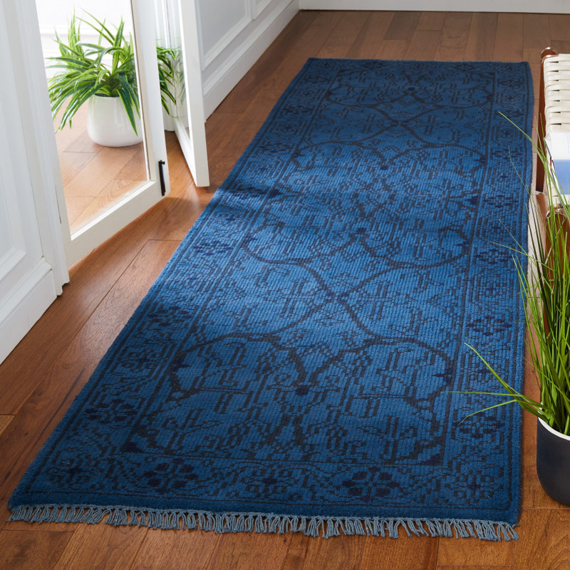 Tapis de couloir bleu en laine noué à la main 3 pi x 10 pi Oriental