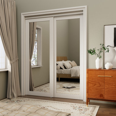 80in. x 60in. Full Length Mirrors Closet Sliding Doors With Hardware Kit, Ready For Use in White