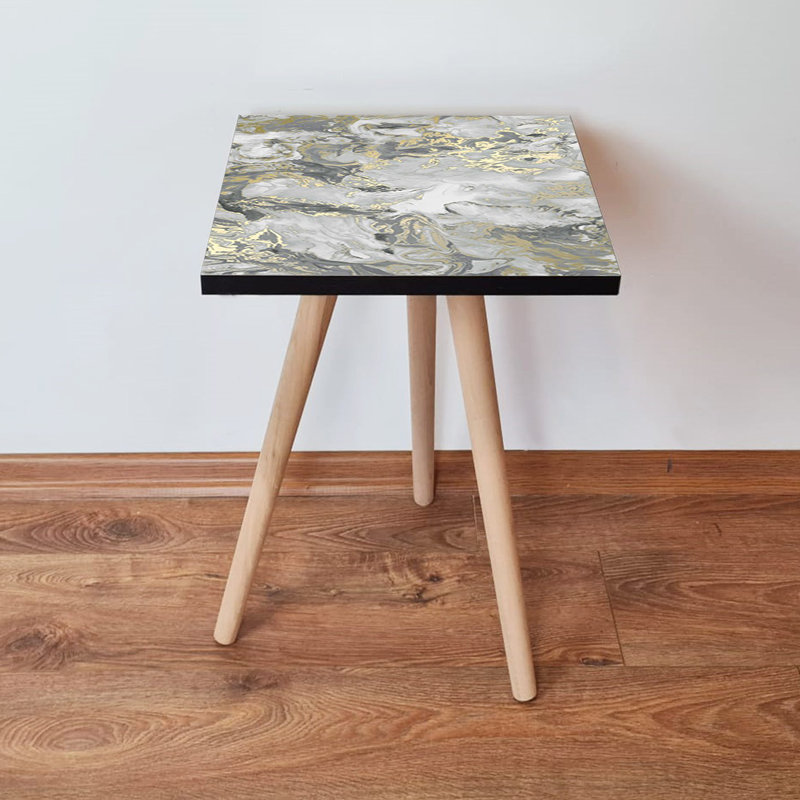 Table d'appoint élégante avec motif abstrait en marbre, or et gris, 13,8 x 16,5 x 13,8 pouces | 100% panneau de fibres à densité moyenne avec une épaisseur de 0,7 pouce et des pieds en bois de hêtre robuste | Parfait pour le salon, la chambre à coucher ou le bureau