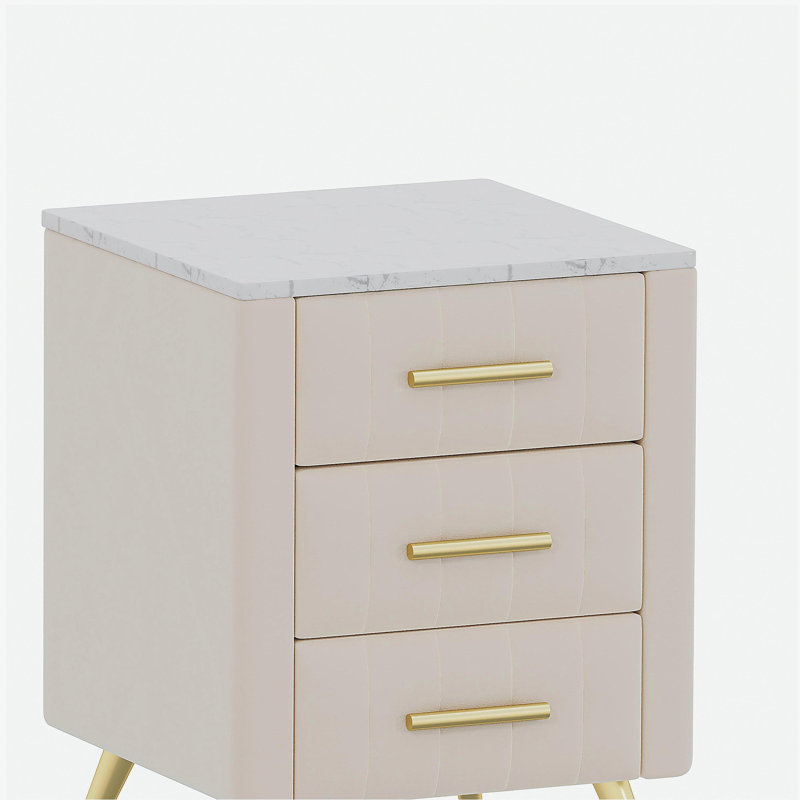 Table de chevet rembourrée en velours avec 3 tiroirs, pieds et poignées en métal, table de chevet à dessus marbré - beige