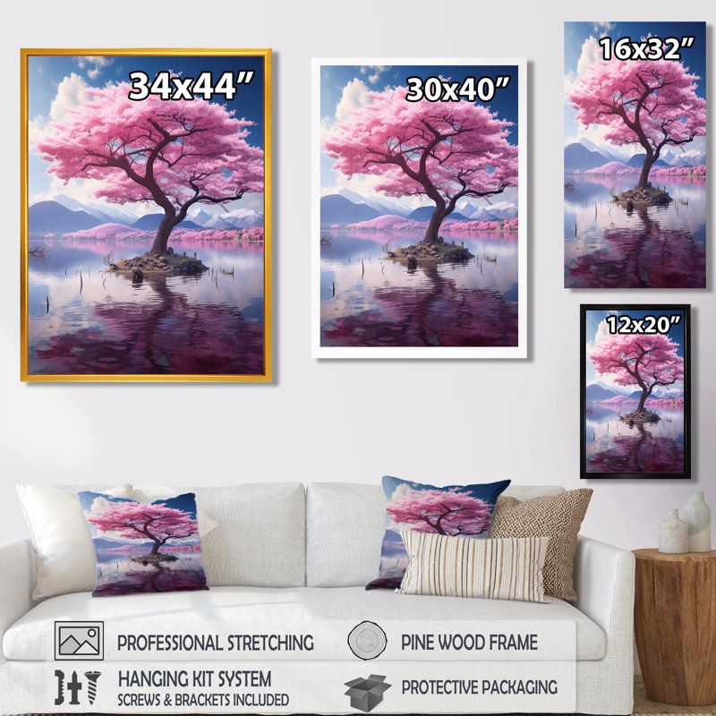 Fleur de cerisier majestueux dans un lac de montagne - Art mural cerisier en fleurs, H 40 po x l 30 po, Cadre flottant noir