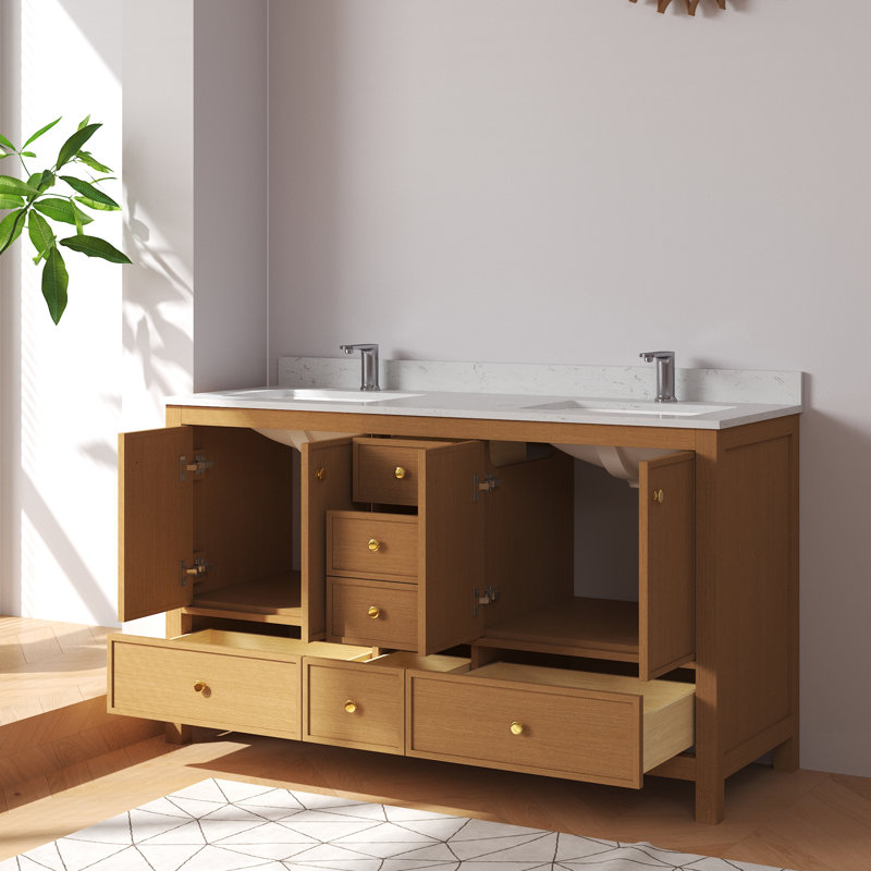 Aura 60'' Double Bathroom Vanity With White Granite Countertop, 60", Brown