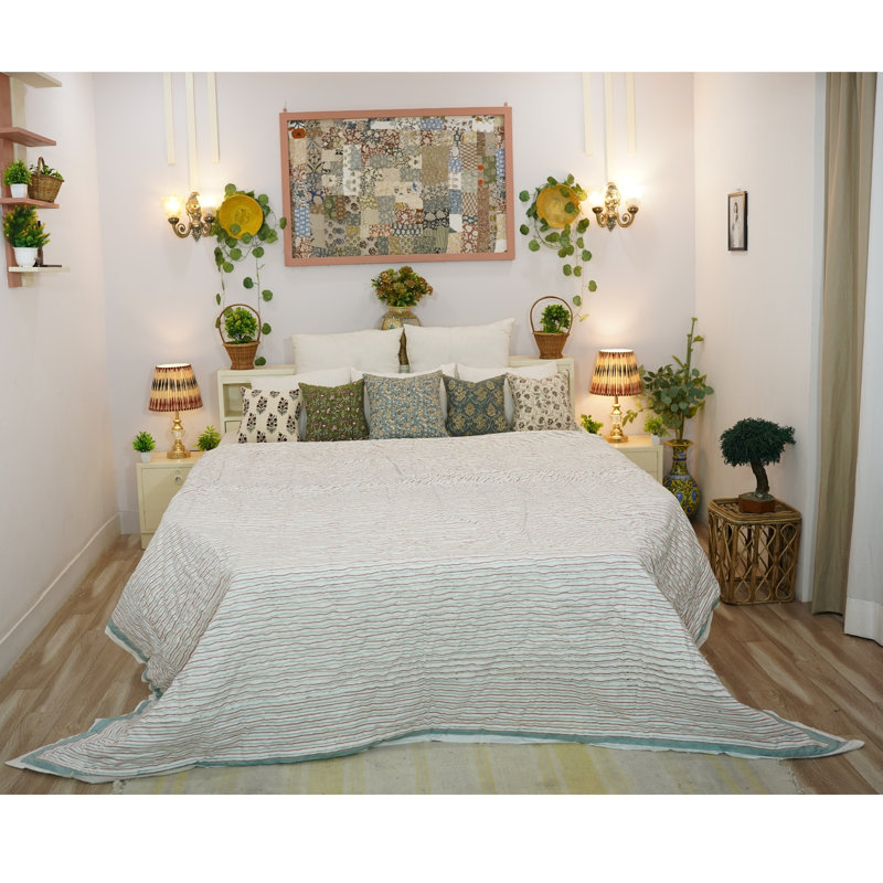 Fabdivine Luxury Block Print Cotton Quilt Floral Boho Bedding for Bedroom & Sofa, King Us, Gray