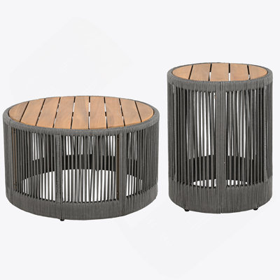 Ensemble de table rustique industrielle de 2, table basse et table d'appoint avec design en corde tissée, ensemble de table moderne et fonctionnel pour le salon et la maison - gris corde
