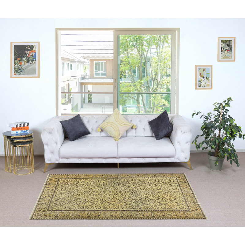 3.7x7 Ft Modern Handmade Turkish Wool Area Rug in Yellow with Floral Design