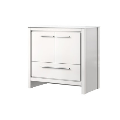 Meuble-lavabo blanc l 36 po x P 20 po avec comptoir en quartz - structure en bois massif, mécanisme de fermeture en douceur, égratignures et taches, armoire de rangement généreuse, tiroirs et tablette ouverte, prêt pour un trou