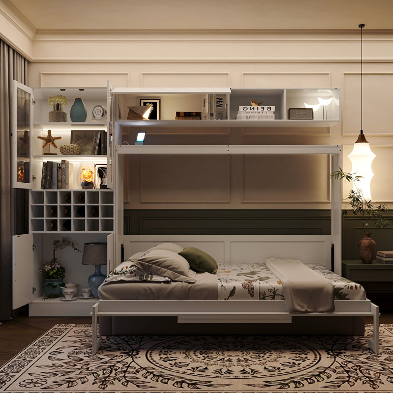 Lit double blanc, avec tablettes et multifonctionnel, peu encombrant, facile à utiliser, pour les appartements, Double, Blanc