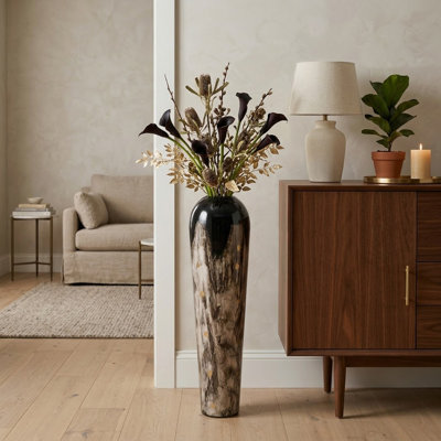Vase effilé en fer avec finition marbrée pour la décoration intérieure - Grand vase à fleurs moderne pour table d'entrée ou décoration de plancher - Ivoire et brun