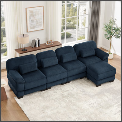 Cloud Couch Oversize L-Shaped Modular Sectional Sofa, 4-Seater Sofa with Ottoman, Comfy Thick Seat Cushions, Breathable Corduroy Fabric, Blue for Living Room Bedroom Apartment