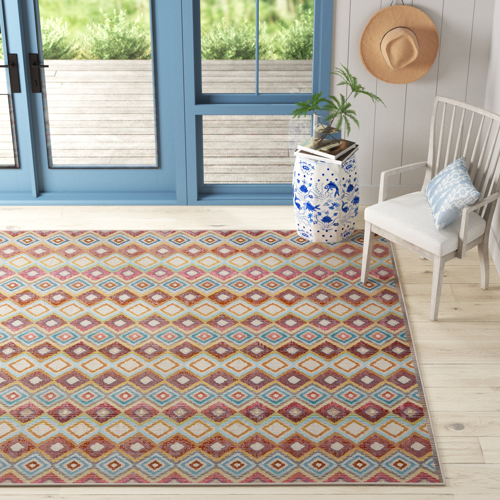 Deva Brown Blue Red Geometric Rug, Rectangle 4' x 6'