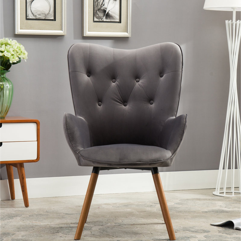 Fauteuil chic en velours gris avec dossier en bois et pieds magnifiques, Gris