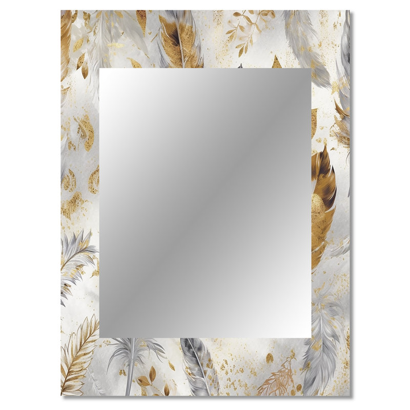 Gold And Silver Impressions Of Bohemian Energy - Boho Feather Mirror, Traditional Decorative Wall Mirror, Printed Metal Art