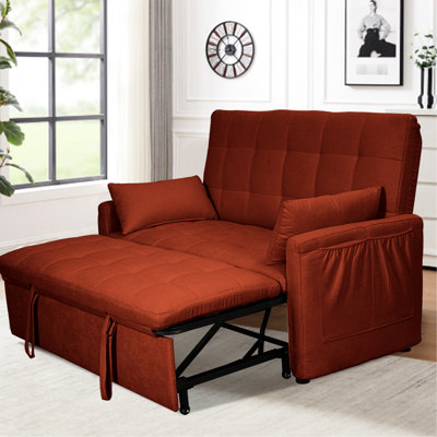 Lit convertible 2 en 1 de 61 pouces avec structure renforcée en fer, rangement des deux côtés, rembourrage en lin rouge réglable, coussins en mousse à mémoire de forme pour chambre à coucher, appartement, salle de jeux, cadre, poches et