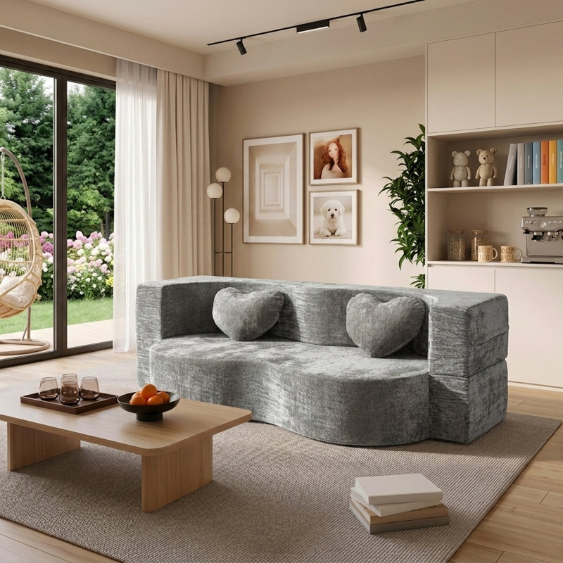 Canapé-lit en forme de cœur de 78,7 pouces avec coussins, aucun assemblage requis, Gris