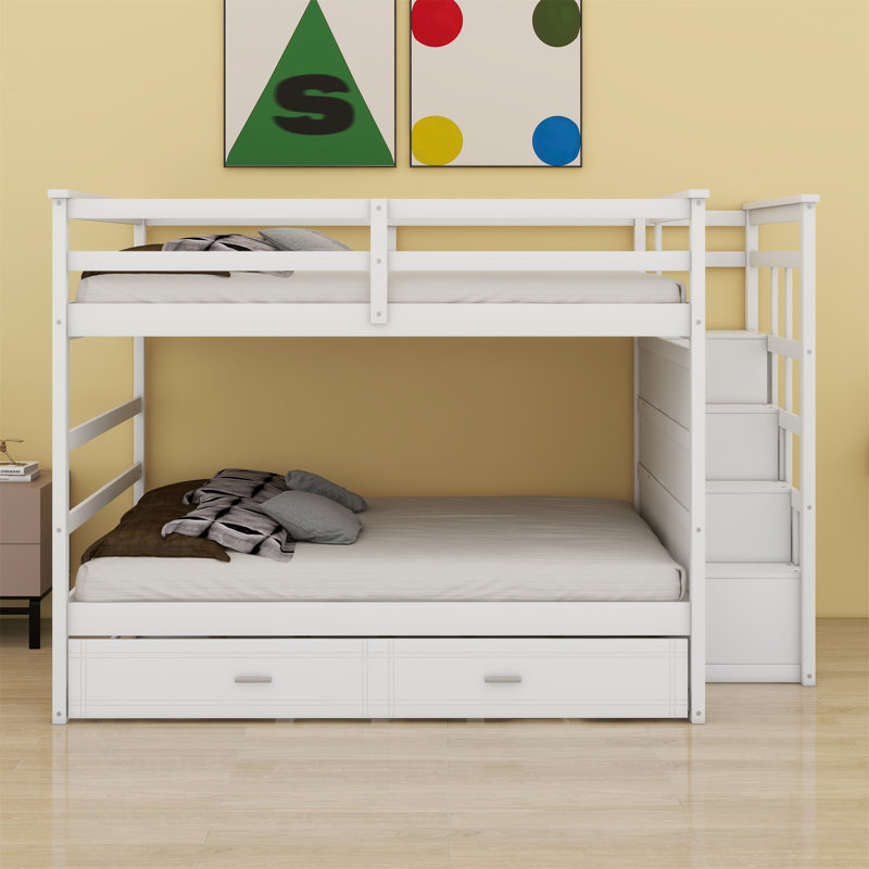 Bunk Bed With Trundle And Staircase, White