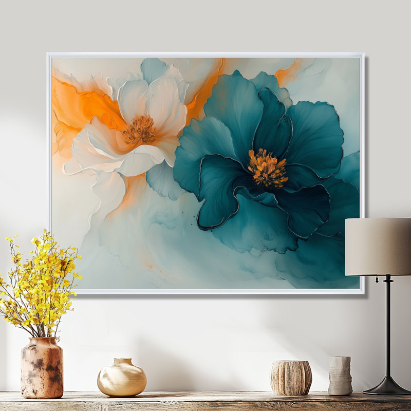 Abstrait, Renoncule doré et lueur turquoise I - Renoncule, art mural, H 12 po x l 20 po, Picture Framed, Blanc