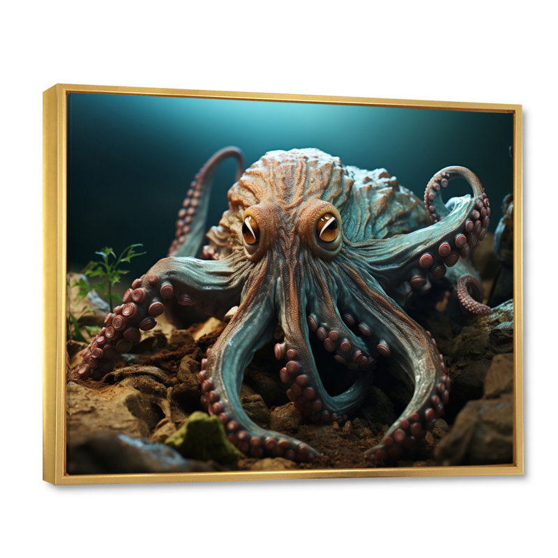 Teal Octopus Lunar Reflections sur toile, H 16 po x l 32 po x P 1 po, Cadre flottant doré