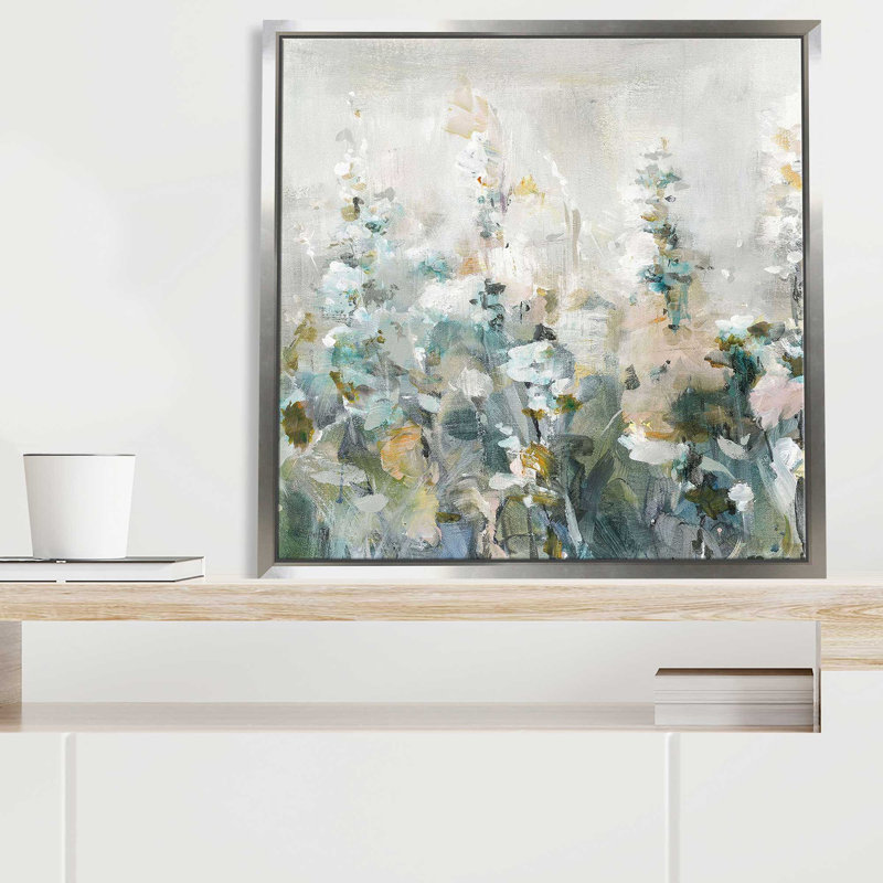 «Rustic Garden Neutral I», peinture, L 21,5 po x H 21,5 po, Encadrement argenté