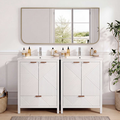Ensemble de meuble-lavabo de salle de bain, meuble-lavabo moderne avec trou de robinet simple, panneaux de porte texturés et tiroir, pieds en pin, grand espace de rangement et charnières à fermeture en douceur