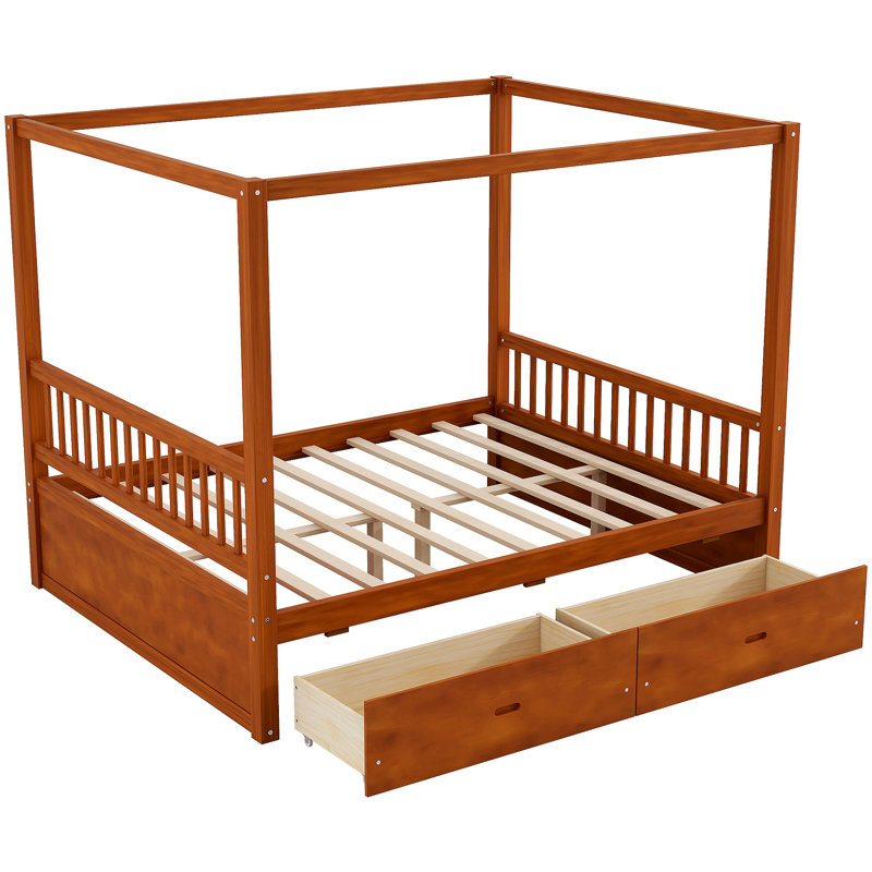 Wooden Canopy Bed With Storage Drawers, Très grand lit, Walnut