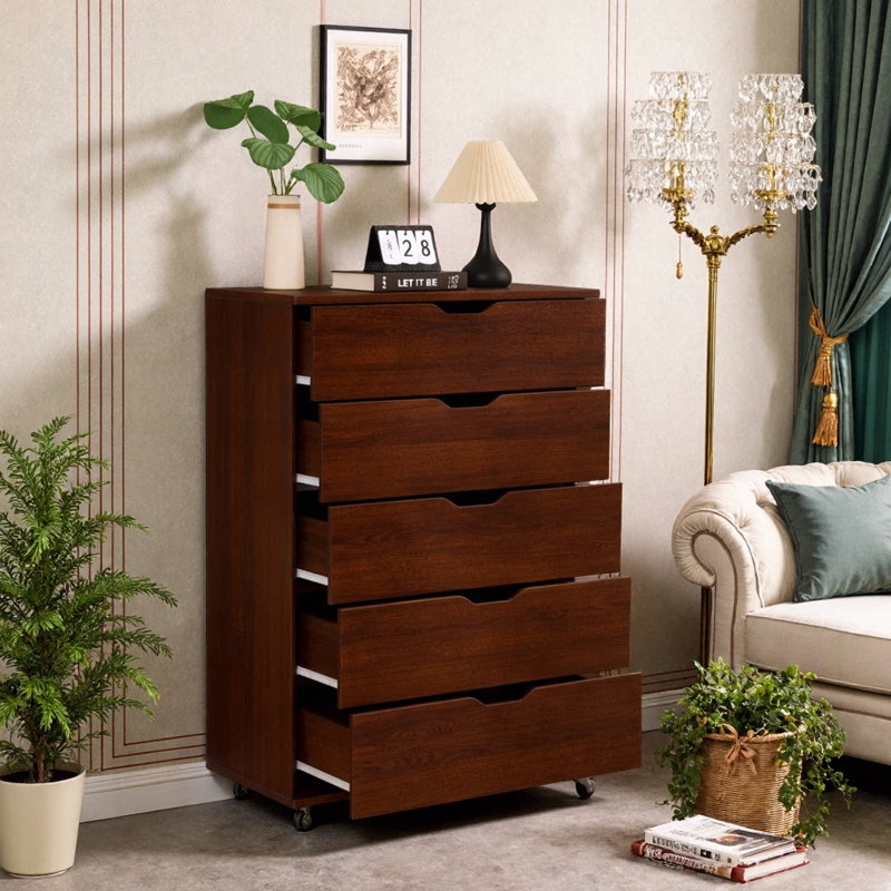 5-Drawer Rolling Dresser With Wide Storage For Bedroom And Closet, Dark Brown