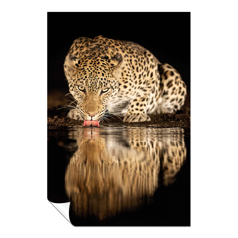 Drinking Yellow Jaguar Reflection In Water - No Frame Print, 91cm H x 61cm W x 0.5cm D