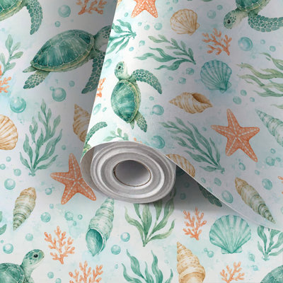 Peel and Stick Wallpaper Contact Paper Cute Cartoon Sea Turtles Starfish Seashells Ocean Plants Self Adhesive and Removable 17.7in x 118in(45x300cm)