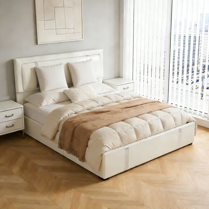 Lit plateforme tapissier en similicuir, Lit double, Blanc