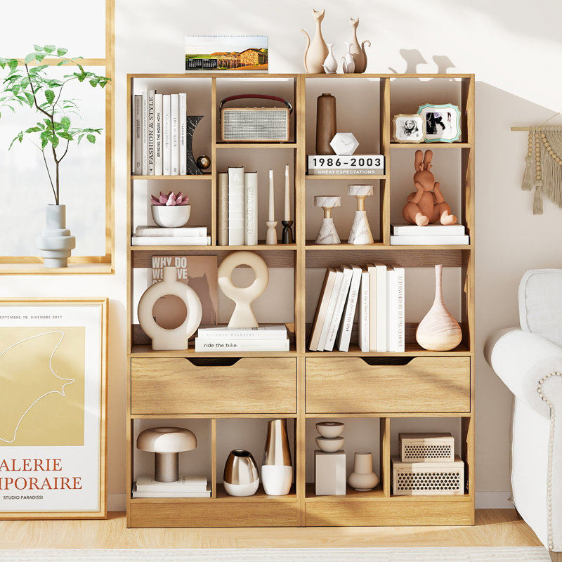 Bibliothèque avec tiroir, bibliothèque ouverte multifonctionnelle, rangement, Natural