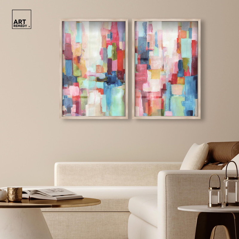 Ensemble d'art abstrait rose « Symphony Colors » en format shadowbox par Art Remedy, cadre noir, 10 x 15, H 31 po x l 21 po