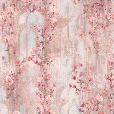 Papier peint auto-adhésif mural rose pâle et adhésif avec éléments décoratifs vintage