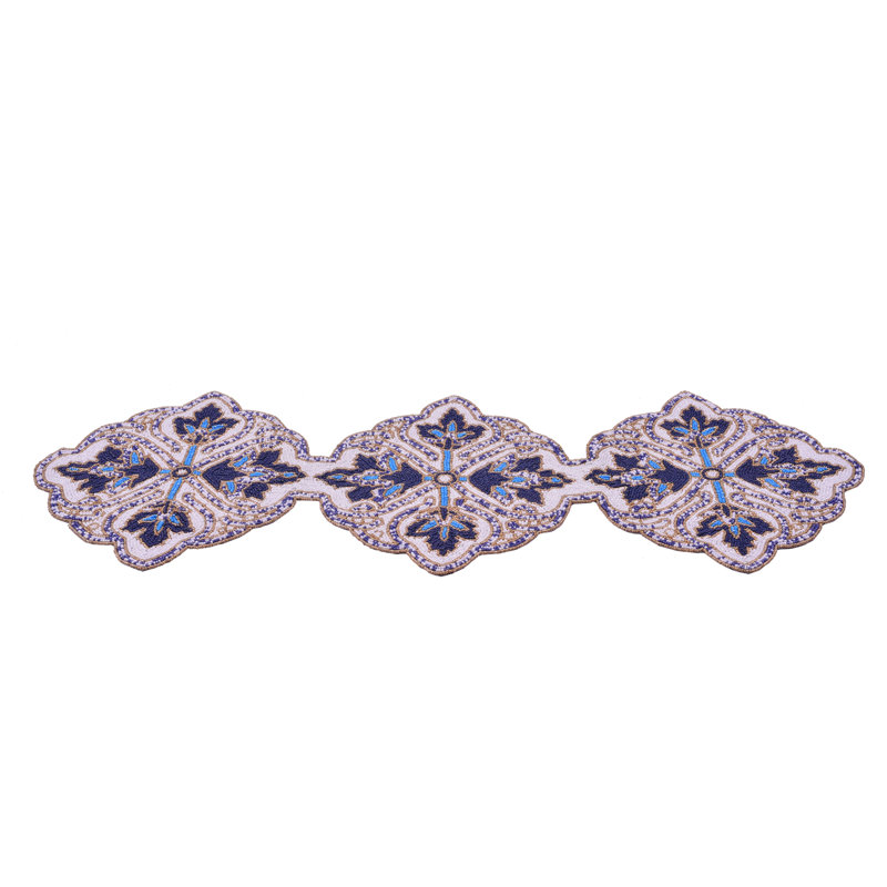 Embroidered Beaded Blue White Table Runner with Glass Bead Embroidery for Christmas and Home Decor, 36" Rectangle