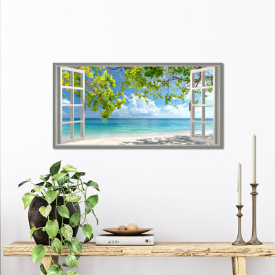  Spring Canvas Wall Art, Nature Landscape Pictures, Faux Window Prints Large Beach Tree Artwork for Living Room Bedroom Wall Decor Framed Painting Poster Ready To Hang, 12" × 24"