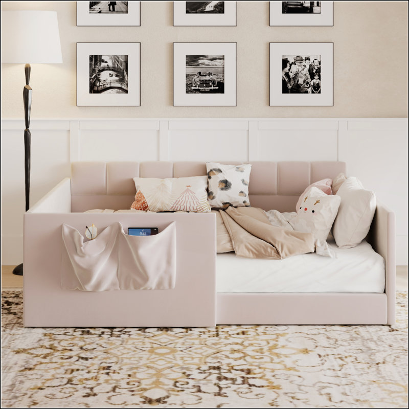 Full Size Daybed Velvet Upholstered Sofa Bed with High Side Panels and Side Entrance, Full / Double, Pink