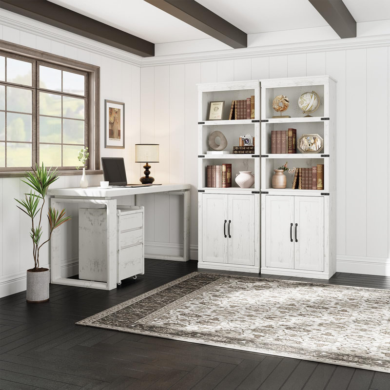 68.7" Rustic Farmhouse Bookshelf with Doors, 5-Tier Wooden Bookcase with Storage Cabinet, White